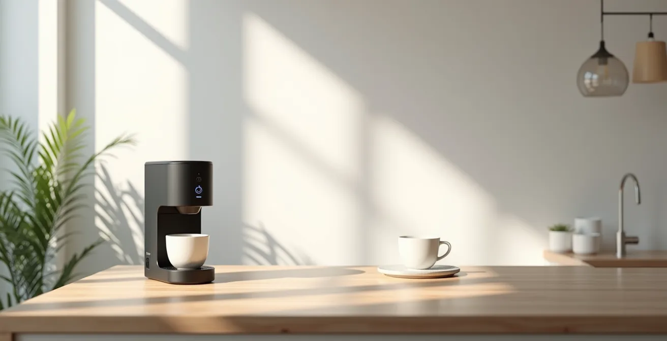 Vue large d'une cuisine moderne épurée avec cafetière programmable intégrée harmonieusement
