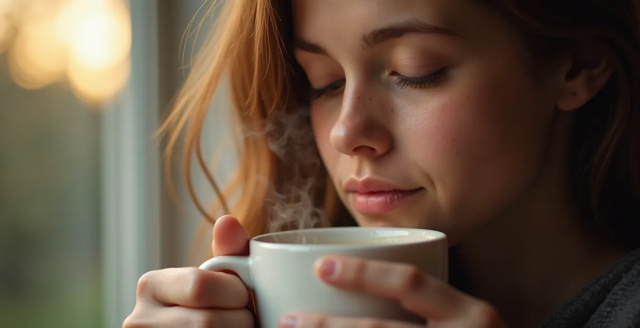 Portrait serré d'une personne savourant son premier café du matin avec expression apaisée