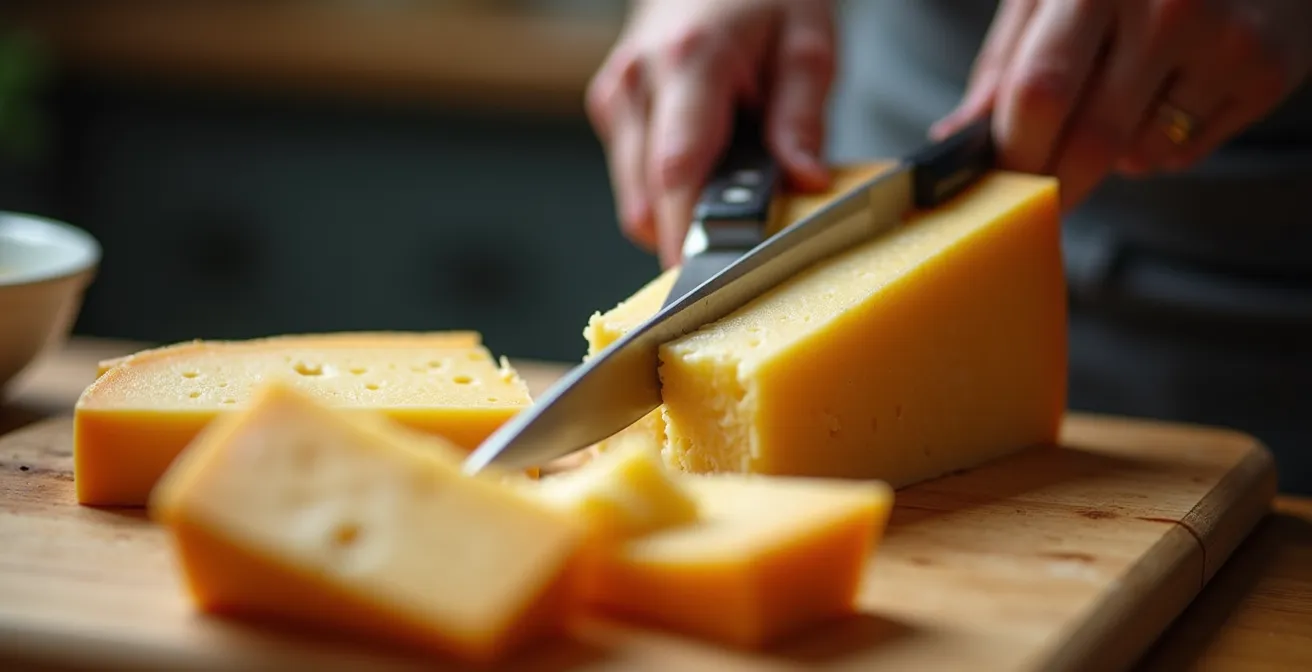 Gros plan sur une découpe précise de fromage savoyard avec technique japonaise