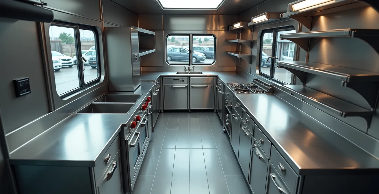 Vue plongeante de l'aménagement intérieur optimisé d'un camion de restauration